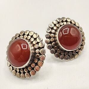Sterling Silver Carnelian Pierced Earrings 925 Round Beaded Rim India Bali